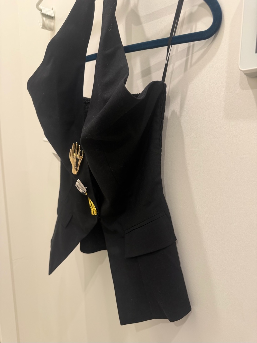 Commense Black Sleeveless Blazer Vest with Gold Accent Pins